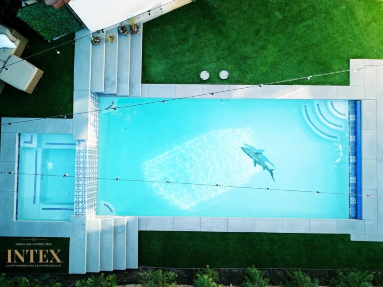 Aerial view of a modern swimming pool.